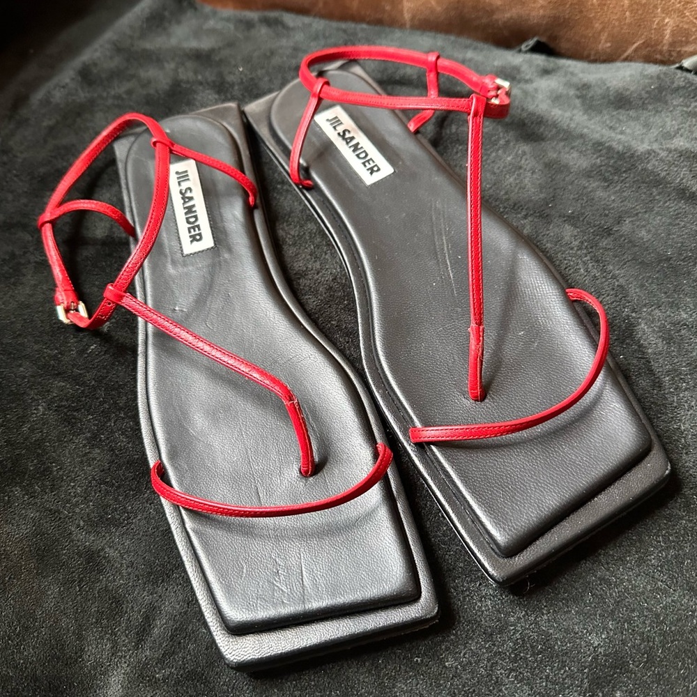 Jil Sander black and red leather Square Toe sandals strappy designer - Picture 3 of 7